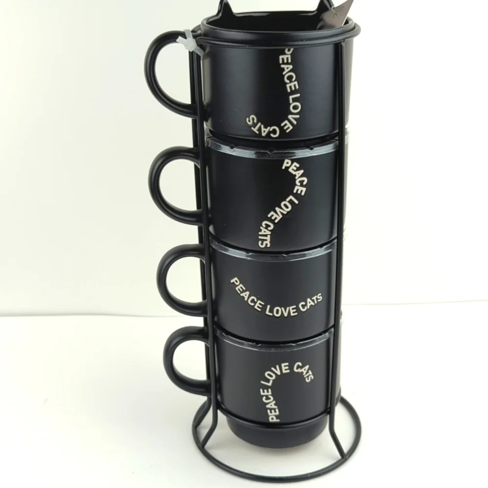 Peace Love Cats Mug Tower 4 Mugs Plus Stand - Picture 3 of 4
